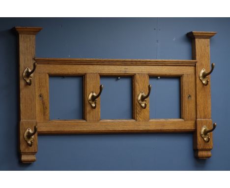 20th century oak wall hanging coat rack, W89cm   Condition Report   Click here for further images, condition, auction times &