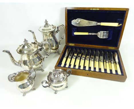 Four piece Victorian style silver plated tea set and a oak cased set of early 20th Century fish knives and forks    Condition