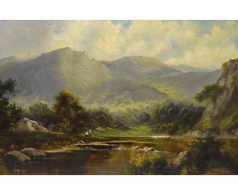Mountainous Landscape with Figures, oil on canvas M. Ducker (aka F. E. Jamieson, 1895-1950), 50cm x 75cm   Condition Report  