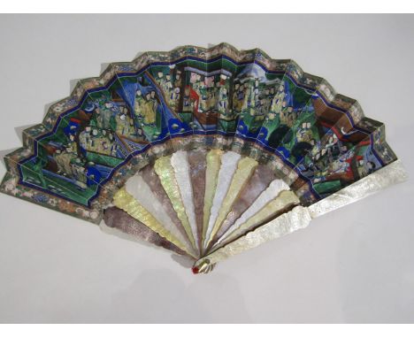 A Chinese stick fan with hand painted figural scenes on paper, mother of pearl sticks.