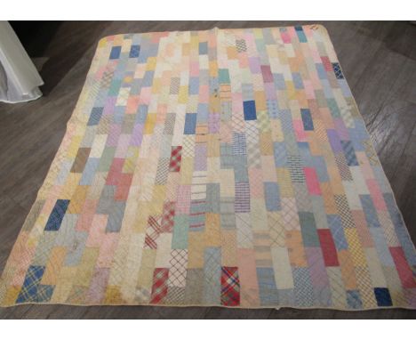 American quilt 1900-1935, cotton, "Brick" design, pastel colours, geometric design, 200cm x 175 approx, some ware and stainin