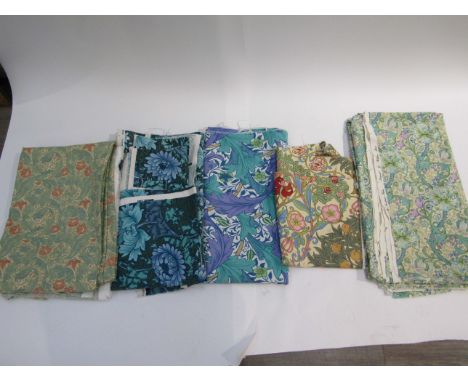 A quantity of fabric remnants "Chrysanthemum" pattern designed by William Morris, five remnants blue and green tones.  "Batch