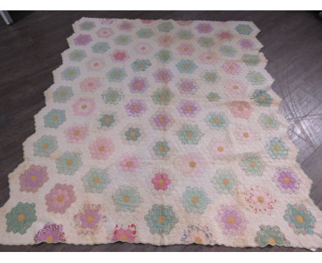 American quilt 1900-1935, cotton, "Hexagonal Floral" design, pastel colours, 180cm x 196cm approx, overall good condition, so