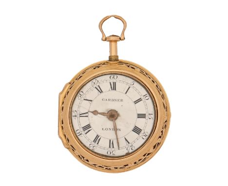 A George III pair cased 18ct gold repousse repeating verge watch, c1760, Thomas Gardener, London, No 1550,&nbsp;with enamel d