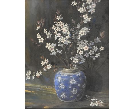 Edward Loxton Knight RBA, RI (1905-1993) - Cherry Blossom in a Chinese Blue and White Jar, signed, mixed media on board, 59 x