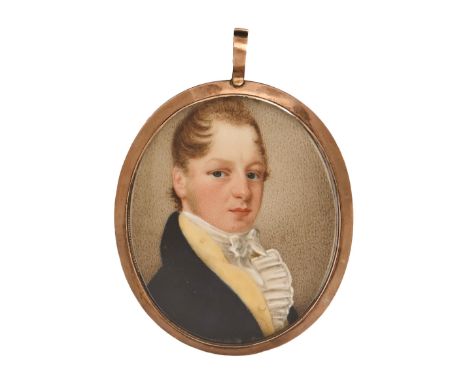 English School, early 19th century - Portrait miniature of a Young Man, called Thomas Cranford,&nbsp; in a blue coat, yellow 