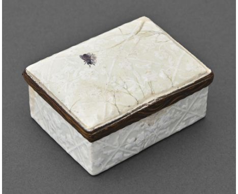 A German enamel snuff box, c1770, the lid finely painted with a fly on a bianco-sopra-bianco ground, the underside of the lid