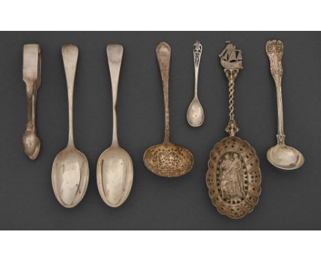 A George III silver sauce ladle, later chased and pierced as a sugar sifter, by John Kershner, London 1809 and other silver f