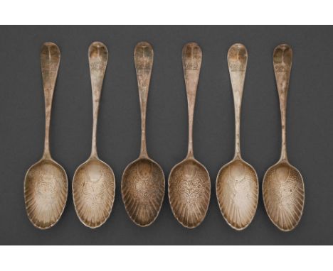 A set of six George III silver tablespoons, Hourglass pattern, with chased and shell fluted bowl, crested, by Elias Cachart, 