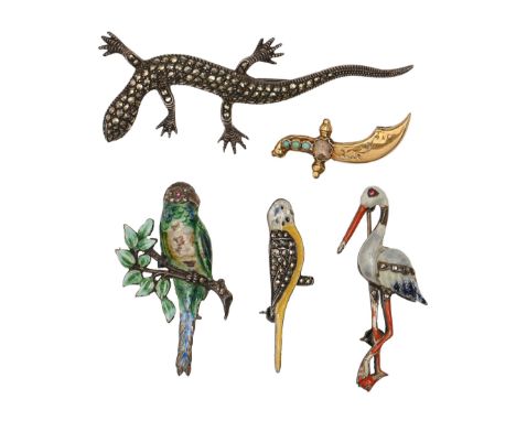 A turquoise dagger brooch, in gold, 32mm l, three silver and enamel bird brooches and a marcasite lizard brooch (5)  Some fau