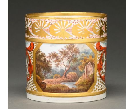 A Derby Porter mug, c 1810, painted to the front with a wooded landscape in octagonal gilt panel, the ground with red scrolli