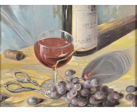 Edward Loxton Knight RBA, RI (1905-1993) - Still Life with Wine and Grapes, signed, tempera and mixed media on board, 44 x 59