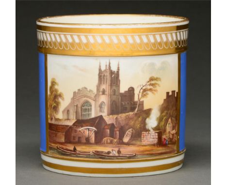 A Bloor Derby porter mug, c 1820, painted to th front with a view of St. Mary and All Saints' Church from a wharf with figure