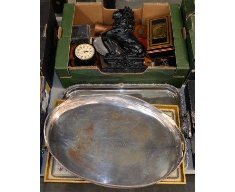 A Victorian cast iron lion rampant doorstop, 40cm h, a leather tape measure, pair of opera glasses, quantity of etched copper