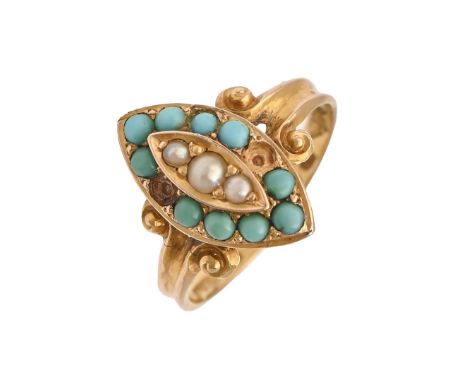 A Victorian split pearl and turquoise navette ring, in 15ct gold, with fluted hoop, Birmingham 1871 and also with PODR lozeng