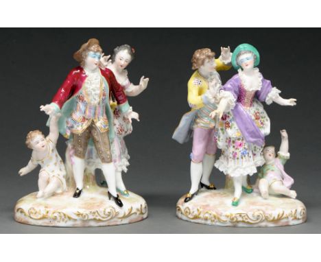 A pair of Paris porcelain groups of an 18th c gallant and girl,&nbsp;Marx Eugene Clauss, late 19th/early 20th c, oval bases, 