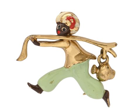 A gold and enamel comical running boy brooch, 24mm h, indistinctly marked, 4.8g  Tiny chip on red enamel of turban