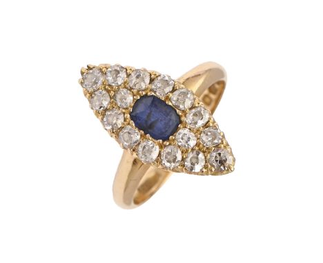 A Victorian sapphire and diamond navette ring, with single cushion shaped sapphire and pave set old cut diamonds, in 18ct gol