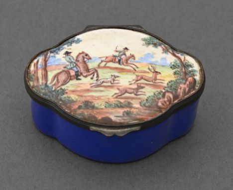 A French enamel box, late 19th c, the lid painted with a deer pursued by huntsmen and hounds, giltmetal mount, 74mm l  Lid de
