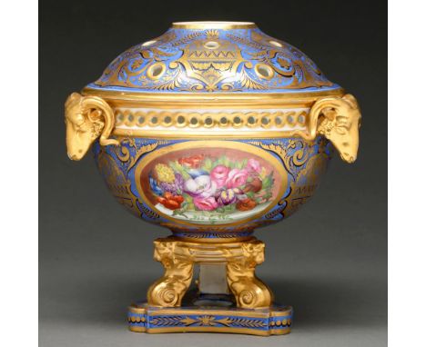 A Derby pot pourri vase and cover, c 1795-1800, the hemispherical bowl applied with three rams' heads and painted with three 
