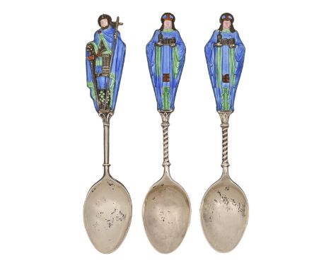 One and a pair of arts and crafts silver and translucent enamel spoons, early 20th c, with saint terminal, marked SILVER, 2oz