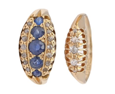 A sapphire and diamond ring, c1900, in 18ct gold, marks rubbed and a contemporary diamond ring in 18ct gold, Birmingham, othe