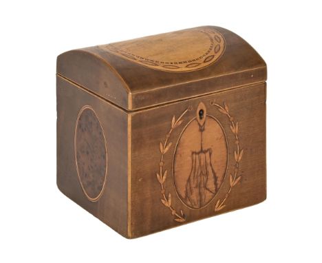 A George III mahogany and marquetry square tea caddy, c 1790, domed cover centred by an inlaid roundel, the sides with oval r