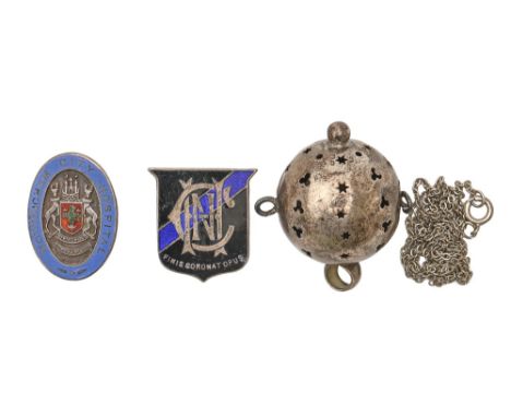 An Edwardian silver spherical rattle, 14mm h, by Crisford &amp; Norris, Birmingham, date letter obscured and two silver and e