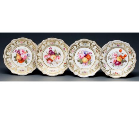 A set of four Coalport dessert plates, c1820, painted with fruit and flowers, in gadrooned rim, 22cm diam  Localised light we