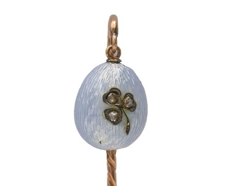 A Russian gold stickpin, c1900, with diamond set gold and blue guilloche enamel egg terminal, 66mm overall, apparently unmark