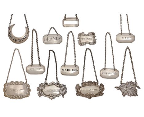 Twelve silver wine labels, George III-20th c, including a crescent shaped WHITE-WINE example by Hester Bateman, maker's mark 