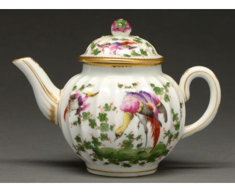 A Samson fluted globular teapot and cover, late 19th century, in the style of Chelsea, painted with dishevelled birds, flower