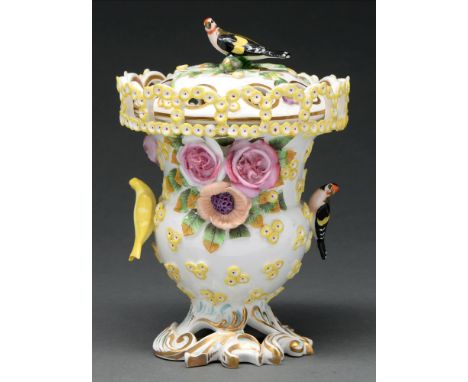 A Spode floral encrusted pot pourri vase and cover, c 1830, with arcaded rim, the domed cover and handles in the form of bird