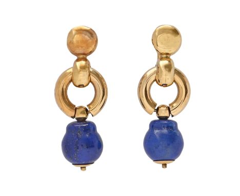 A pair of lapis lazuli and gold earrings, of ring-and-stud design, screw fitting, 37mm h, marked ITALY 18CT, 10.2g  Good cond