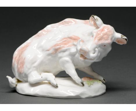 An early Derby model of a boar, c 1755-58, sparsely painted in polychrome enamel, 9cm h  Restoration to ears. Firing stresses