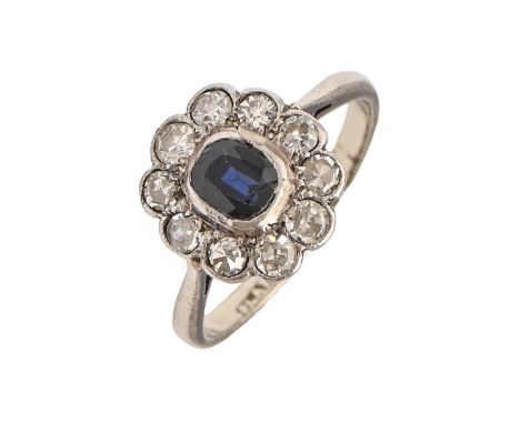 A sapphire and diamond ring, c1930, platinum hoop marked PLAT 18C, 2.7g, size K  Hoop slightly bent and with slight wear to s