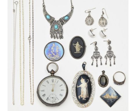 Miscellaneous silver jewellery and a lever watch, Birmingham 1890  Enamel dial of watch cracked, movement running when wound