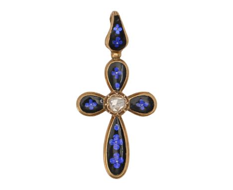 A diamond, gold and blue guilloche enamel cross, 30mm high  