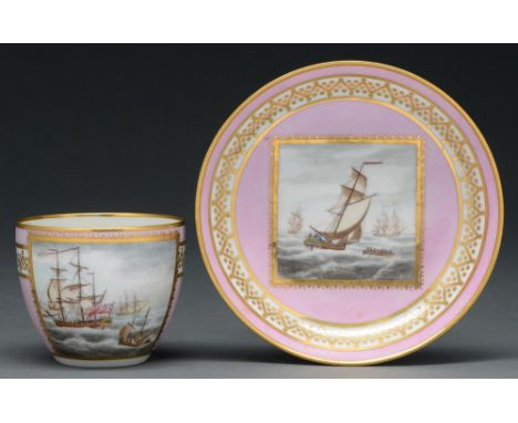 A Derby bloom ground Bute shaped teacup and saucer, c 1798-99, painted by George Robertson with a British man-of-war and a sh