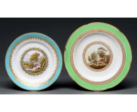 Two Derby plates, c1800, painted with a named landscape in turquoise or green border, 22.5 and 26cm diam, blue or red painted