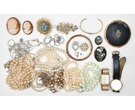 A 9ct gold bangle, 6.5g, miscellaneous costume jewellery, watches and a compact  Mostly in good condition