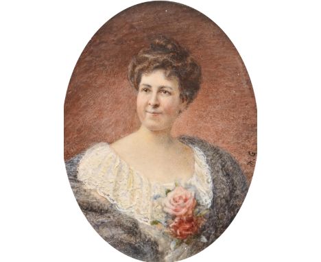 English School, late 19th century - Portrait Miniature of a Lady, in a lace-trimmed dress with roses corsage, signed with ini