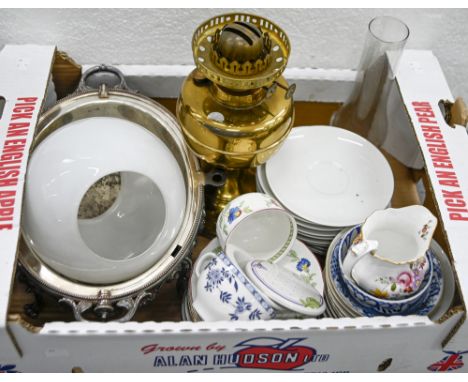 An Edwardian EPNS bacon dish and cover, a Crown Derby oval teapot and cover, miscellaneous other ceramics and a brass oil lam