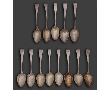A set of six George III silver tablespoons, Old English pattern, by Solomon Hougham, London 1801 and seven others, George II 