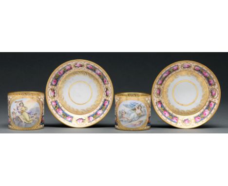 A fine pair of Derby cabinet coffee cans and stands, c 1794,&nbsp;painted by James Banford with Neoclassical allegories and a