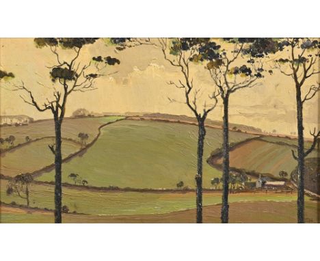 Edward Loxton Knight RBA, RI (1905-1993) - Rolling Landscape with Silhouette Trees, signed, oil on wood, 25 x 43cm  Good cond
