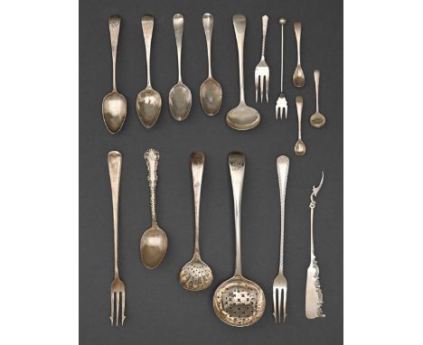 A George III silver sauce ladle, adapted as a sugar sifter, another sugar sifter and miscellaneous small silver flatware, inc