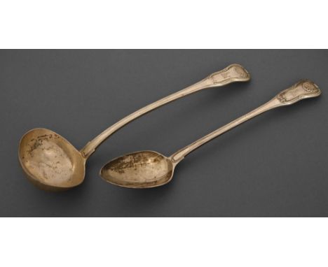 An Irish George III silver soup ladle and gravy spoon of heavy gauge, Hourglass pattern, crested, by James Scott, Dublin 1814