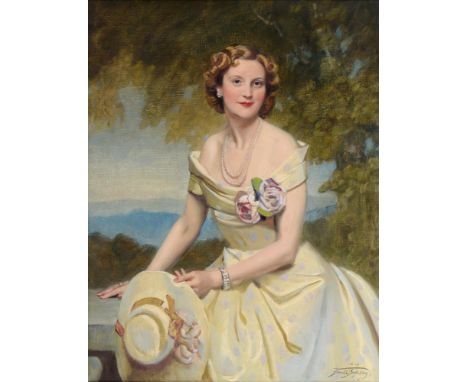 Frank Owen Salisbury CVO (1874-1962) - Portrait of a Sybil Rhodes, three quarter length in a white gown with pink and lavende