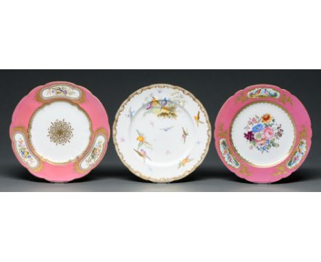 A French porcelain plate, the redecoration attributed to the London studio of Robins &amp; Randall, c1840, with rose Pompadou